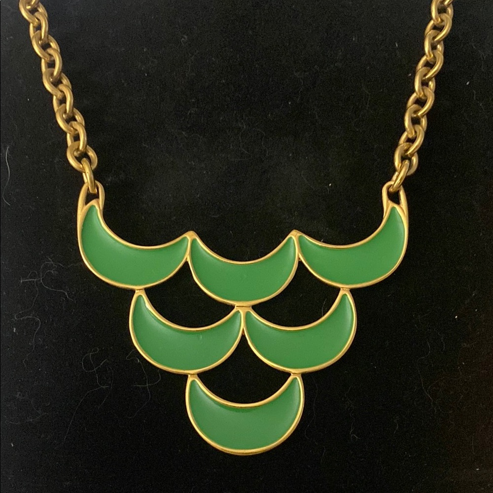 Monet green enamel necklace. Vintage crescent, moon Cheshire Cat pyramid bib
